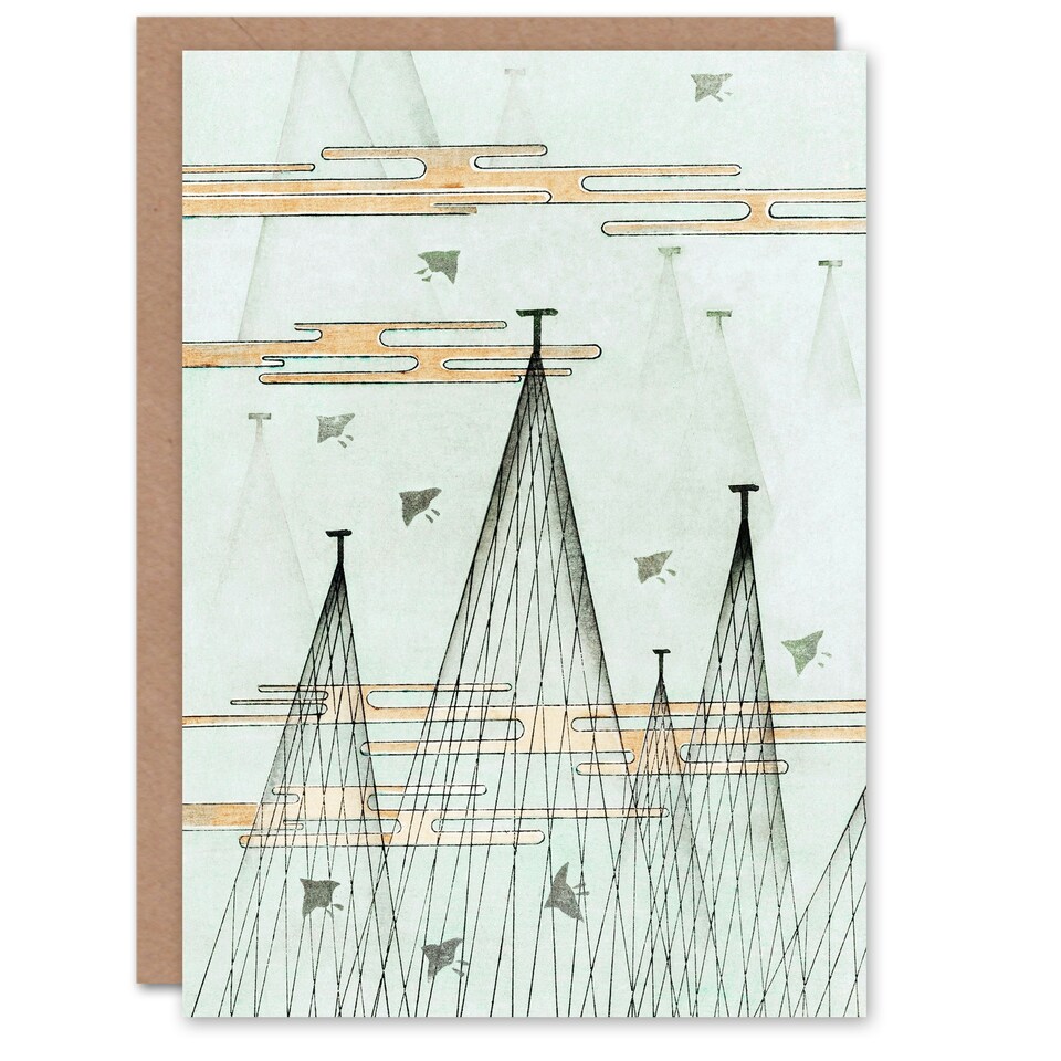 image 1 of Shin Bijutsukai Japanese Art Card Skyscape With Birds Flying