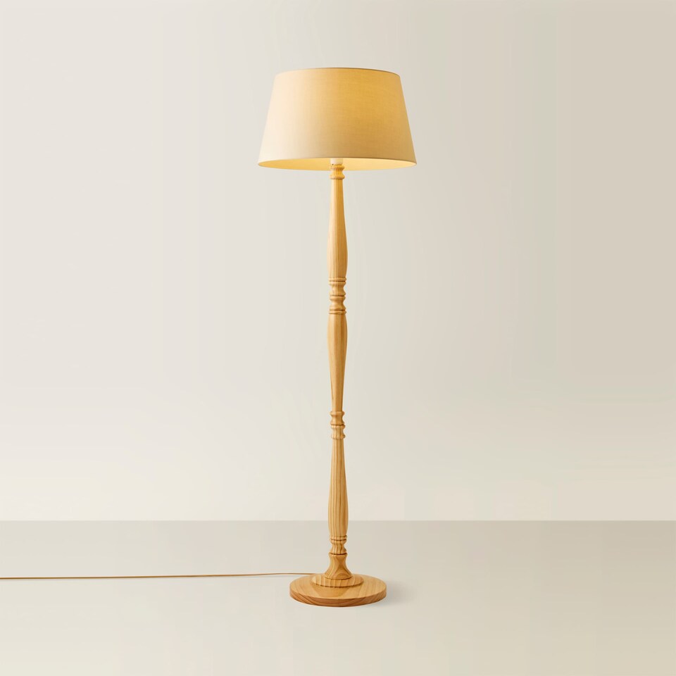 image 1 of ValueLights Victoria Light Wood Traditional Stem Floor Lamp with Beige Fabric Tapered Shade