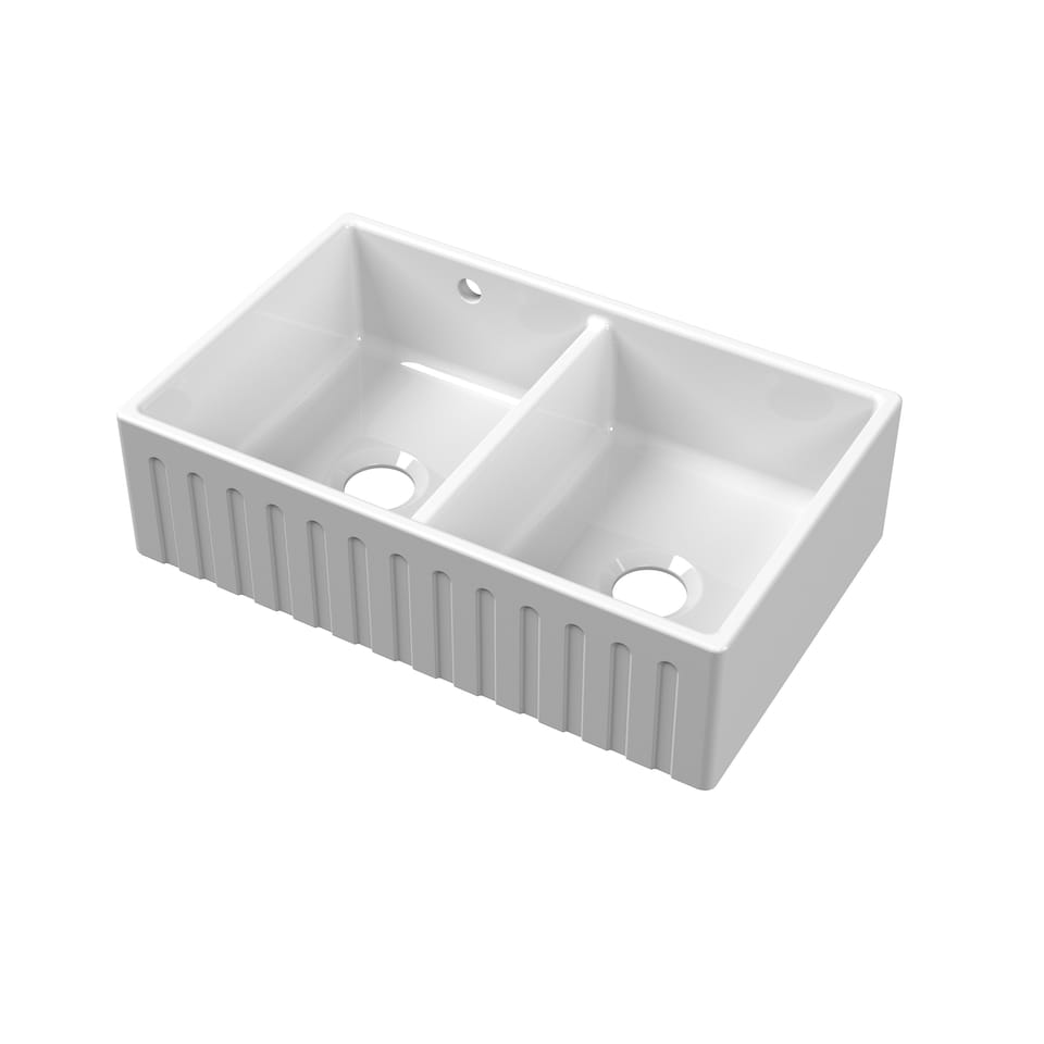 image 1 of 795mm - Fireclay Kitchen Double Bowl Fluted Front Butler Sink - Stepped Weir