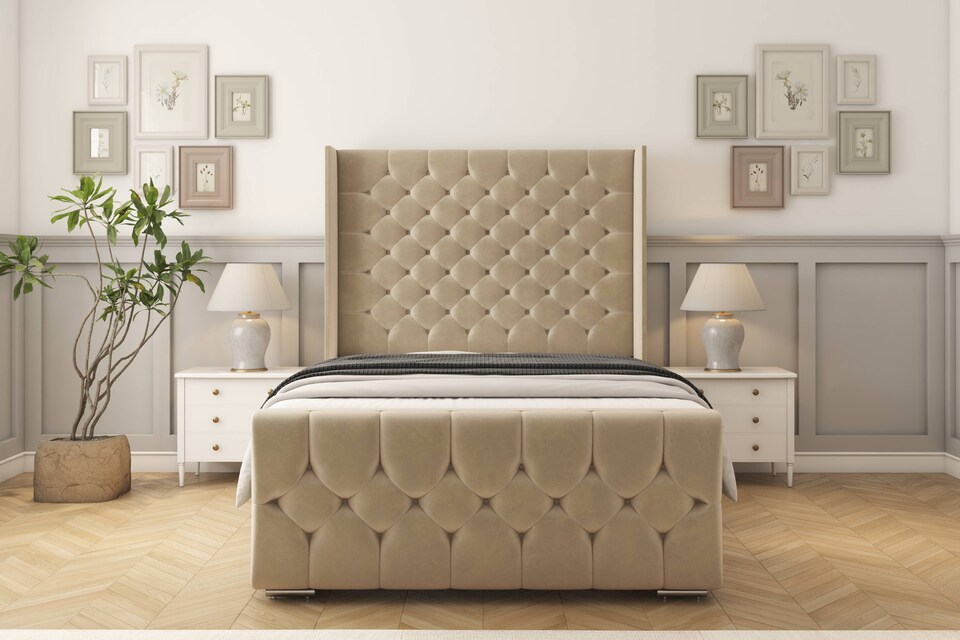 image 1 of Sloomy Luthor Almond Coniston Bed Frame With Mattress With 50"  Upholstered Wingback Headboard 4'6 Double