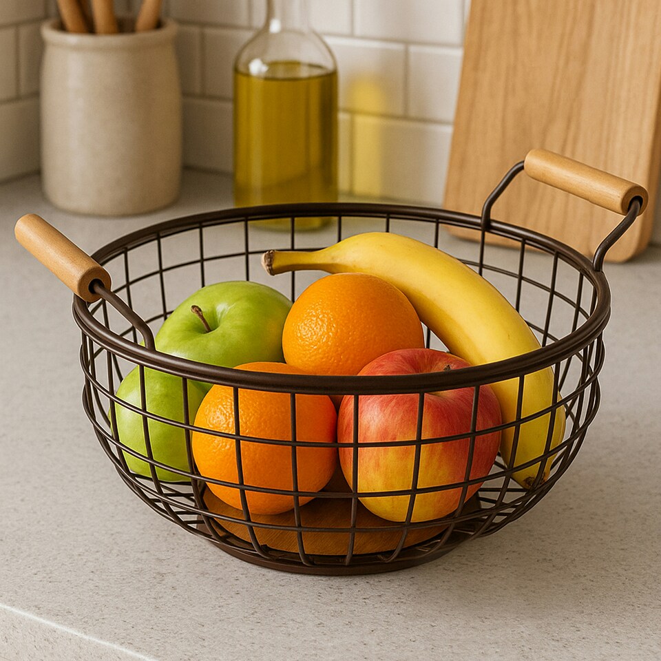 image 1 of Stylish Bronze Powder Coated Fruit Basket, Functional Design Unique Fruit Basket, Durable Fruit Basket Brown