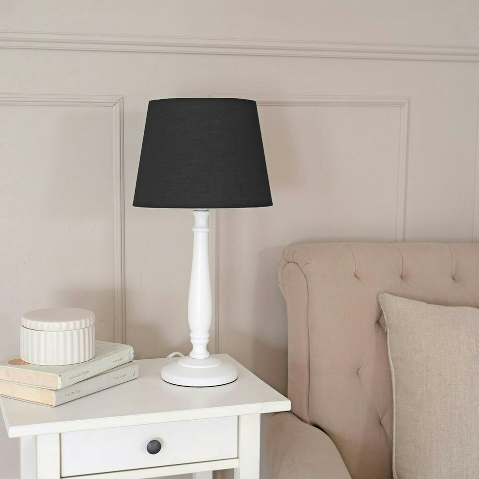 image 1 of ValueLights Victoria White Wood Traditional Stem Table Lamp with Black Fabric Tapered Shade and LED Bulb