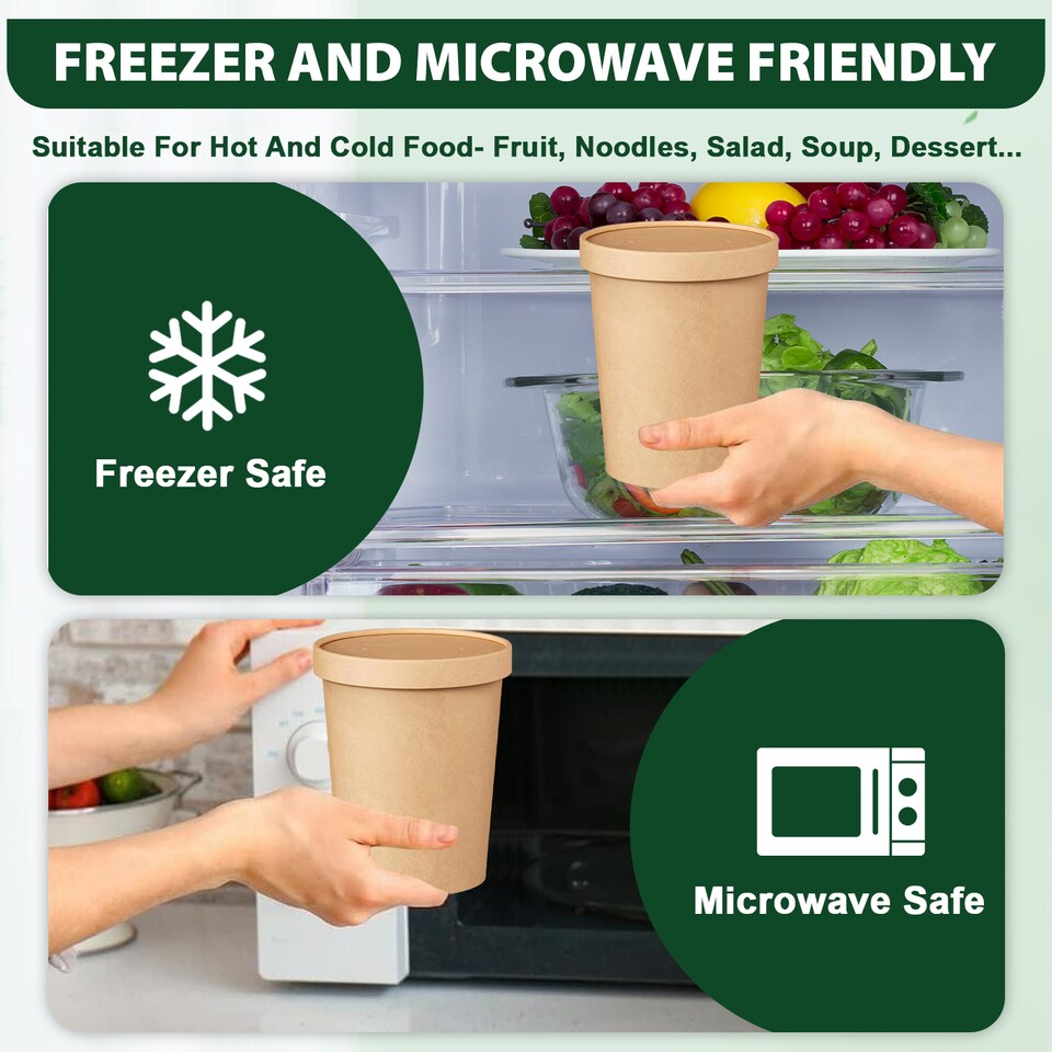 image 1 of ECONX 32oz Kraft Disposable Paper Soup Cups Food Containers with Lids Takeaway Tubs 25pc