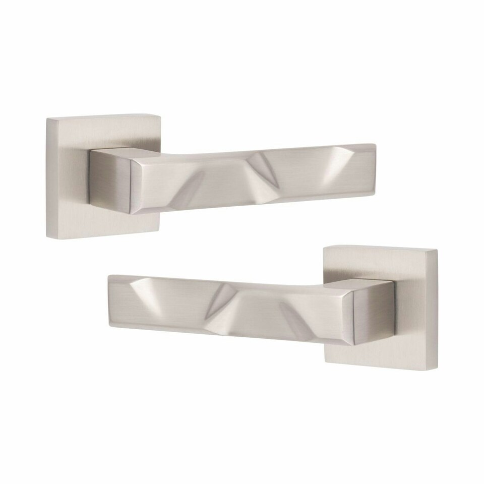 image 1 of Golden Grace 1 Pair Modern Nova Premium Design Door Handles on Square Rose in Satin Nickel Finish with 3" Ball Bearing Hinges and 2.5" Tubular Latch Grey