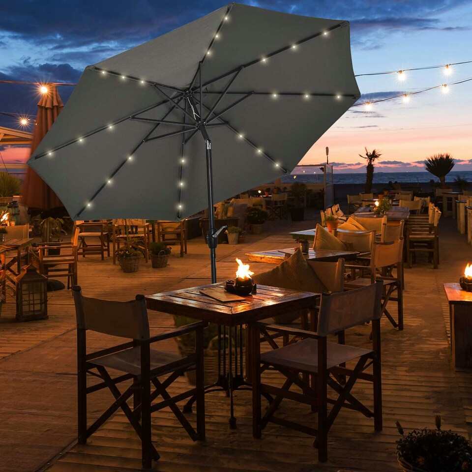 image 1 of Outsunny Garden Parasol Outdoor Tilt Sun Umbrella LED Light Grey