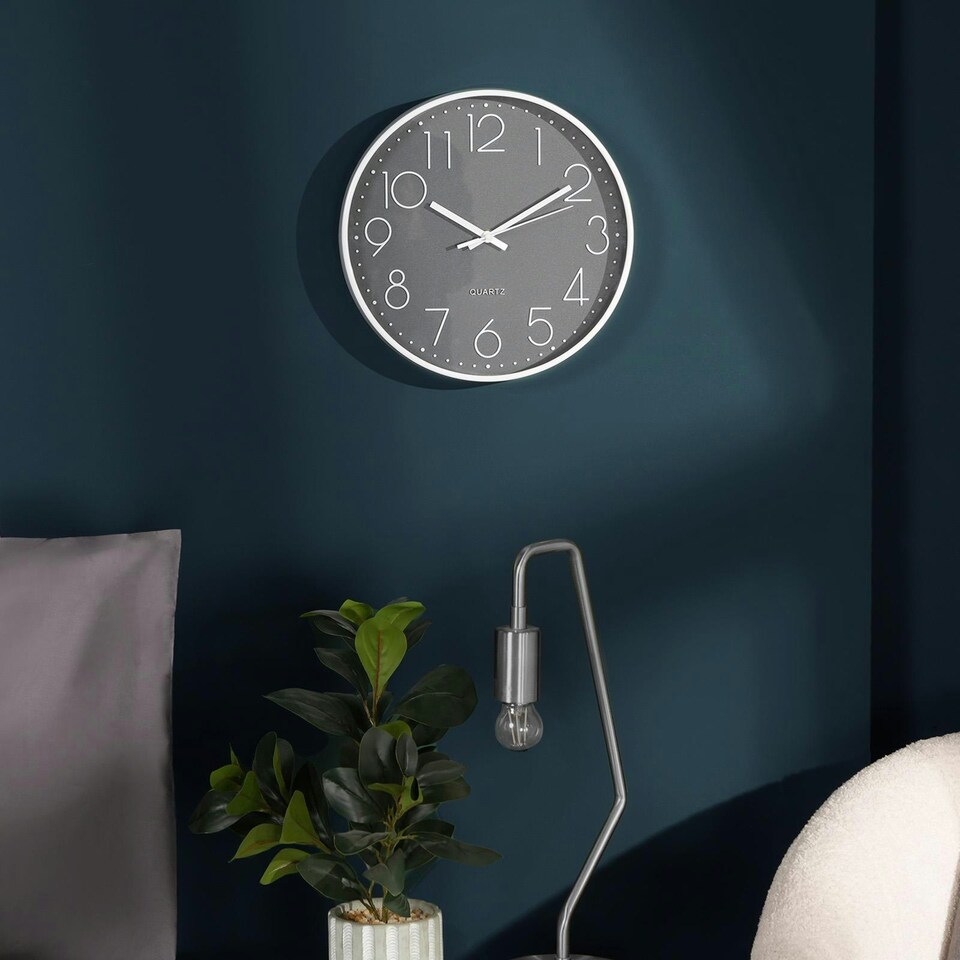 image 1 of OHS Small Round Modern Home Office Decor Analogue Wall Clock, 29cm - Grey