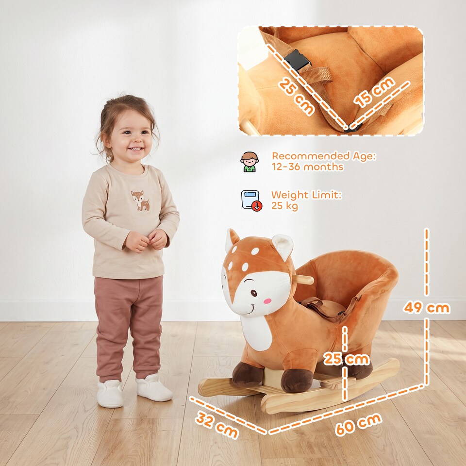image 1 of AIYAPLAY Rocking Horse, Ride on Horse Deer Design with Animal Sounds, Brown
