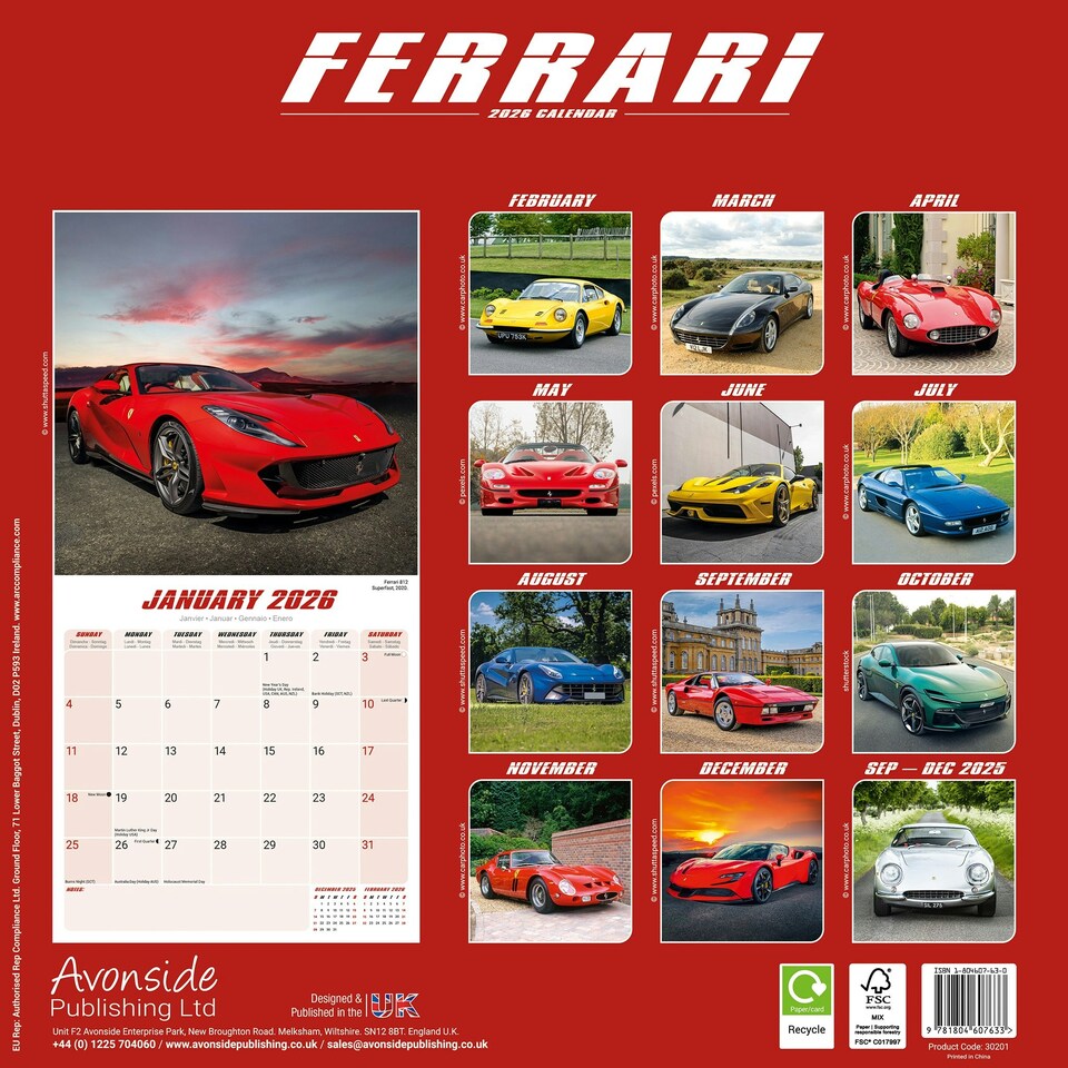 image 1 of Ferrari 2026 Calendar | Square Wall Calendar | Car Enthusiast Gift | Plastic Free Packaging | by Avonside Publishing