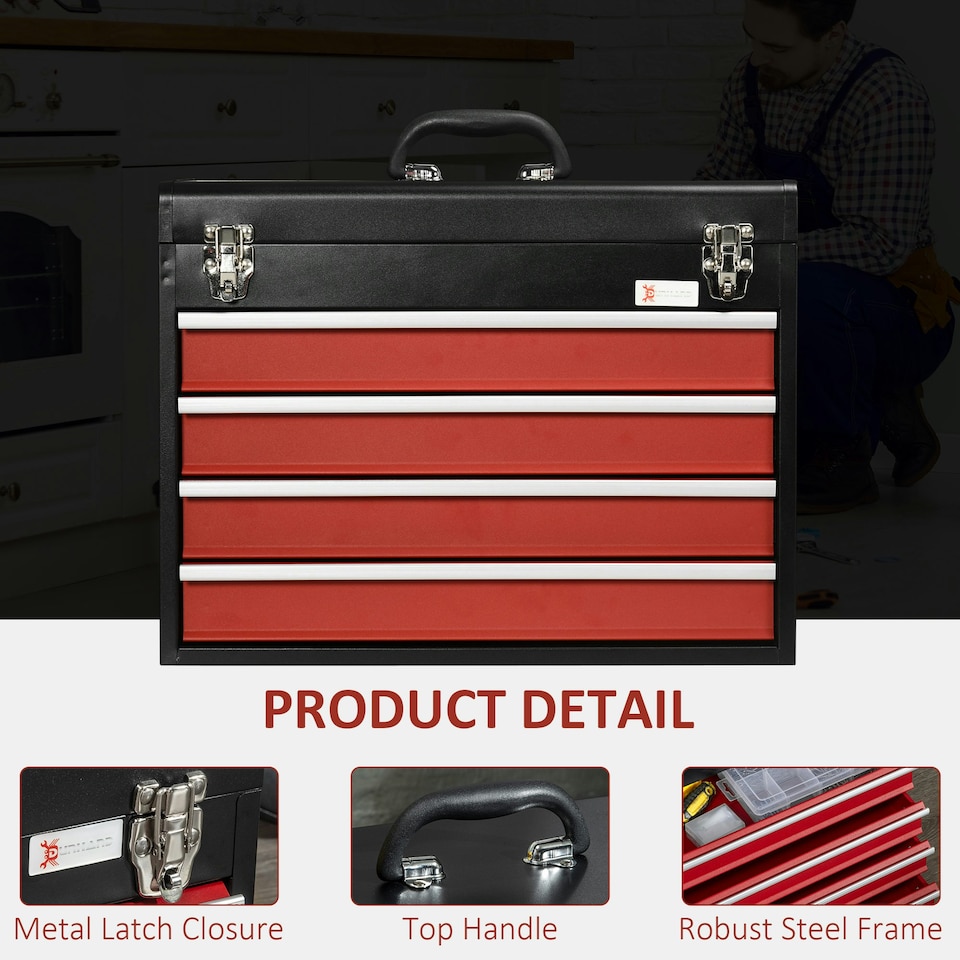 image 1 of DURHAND Lockable 2/3/4 Drawer Tool Chest w/ Ball Bearing Slide Drawer Black