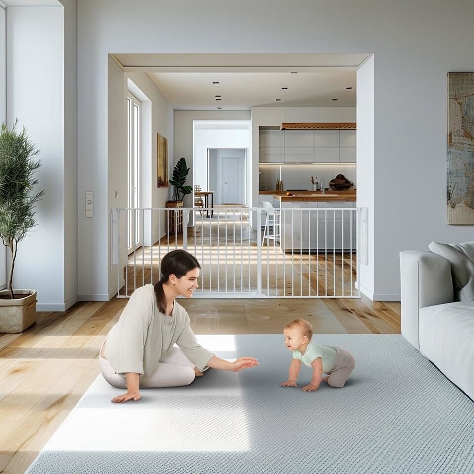 image 1 of Safetots Premium Multi Panel Room Divider, up to 370cm Wide, White, 70cm Tall, Flexible Barrier with Door for Baby and Toddler