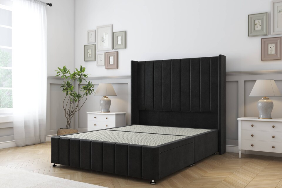 image 1 of Sloomy Melbourne Black Plush Divan Bed Base 2 Drawers Foot-End With 54 Inch Wingback Headboard & 12 Inch Matching Footboard | Black | Black | Super King | 1