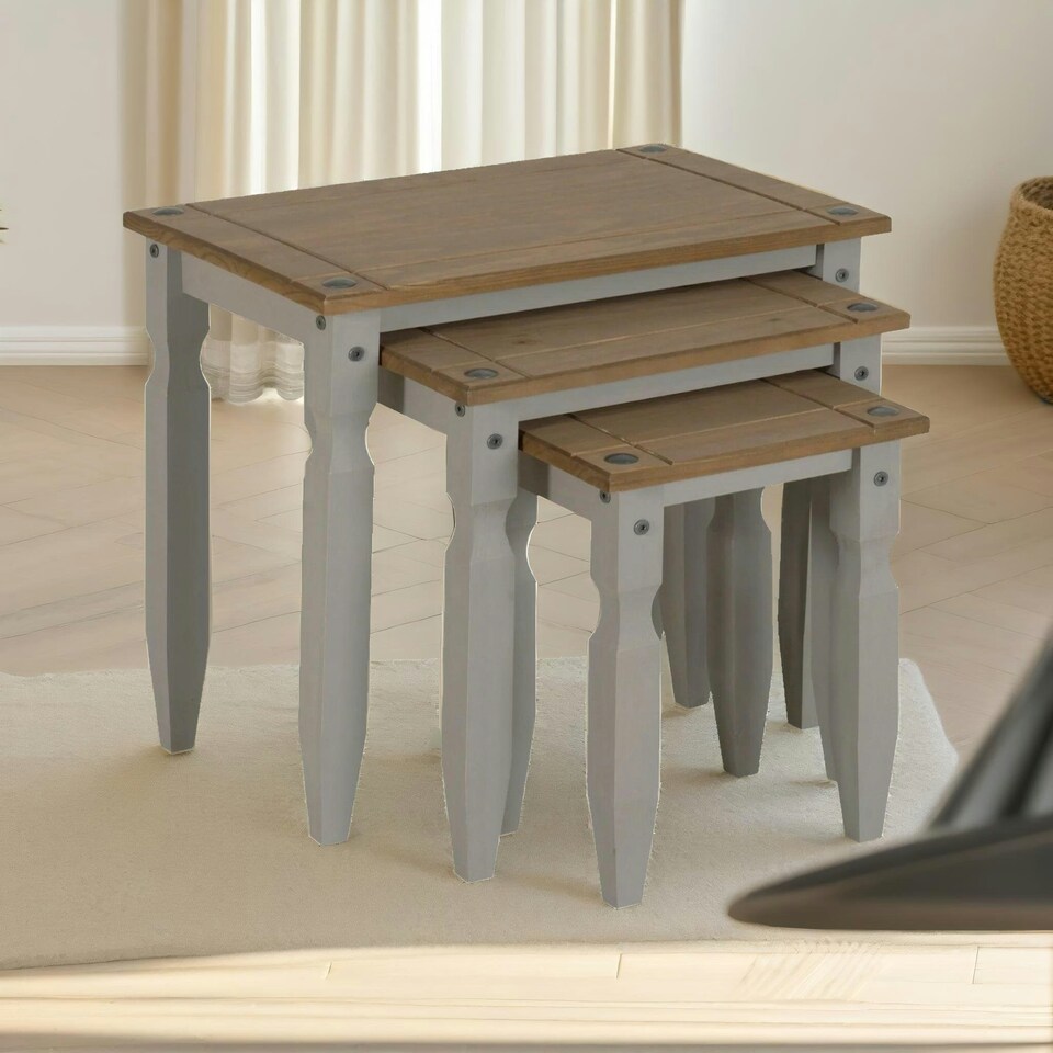 image 1 of Set Of 3 Pine Nesting Tables Grey Brown