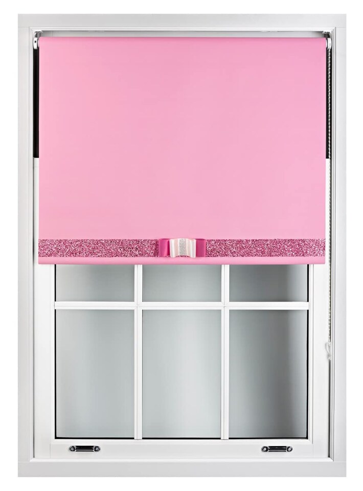 image 1 of FURNISHED Blackout Roller Blind with Pink Glitter Trim and Fuchsia Bow Trimmable Window Shade | Pink | Pink 1 | (W) 160cm x (L) 165cm