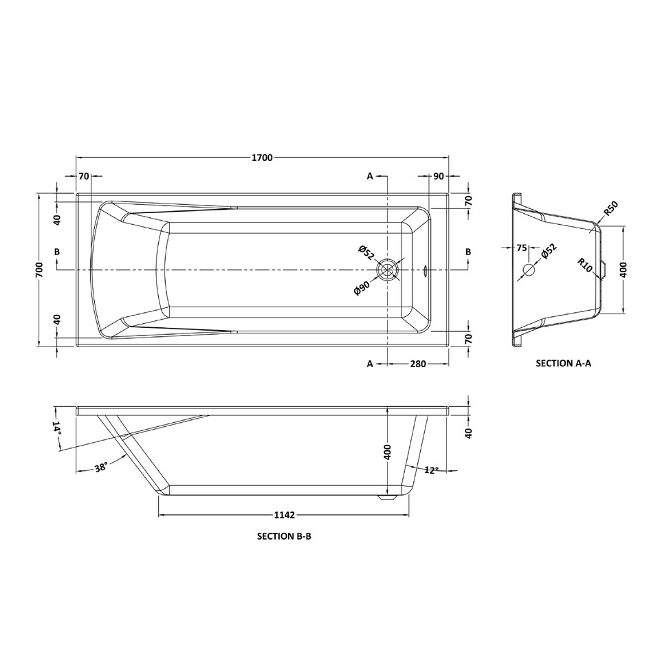 image 1 of 1700 x 700mm Square Bathtub, Front Panel with Straight Bath Screen - Chrome Profile White