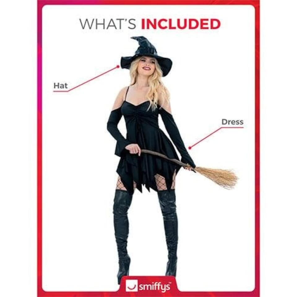 image 1 of Short Black Witch Dress Fancy Dress Costume Ladies Large - UK 16-18