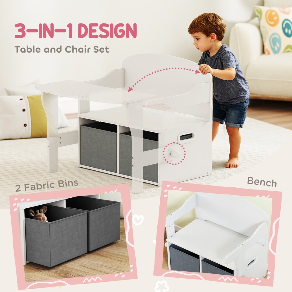 image 1 of AIYAPLAY 3 in 1 Kids Storage Bench, Toddler Table and Chair Set, White