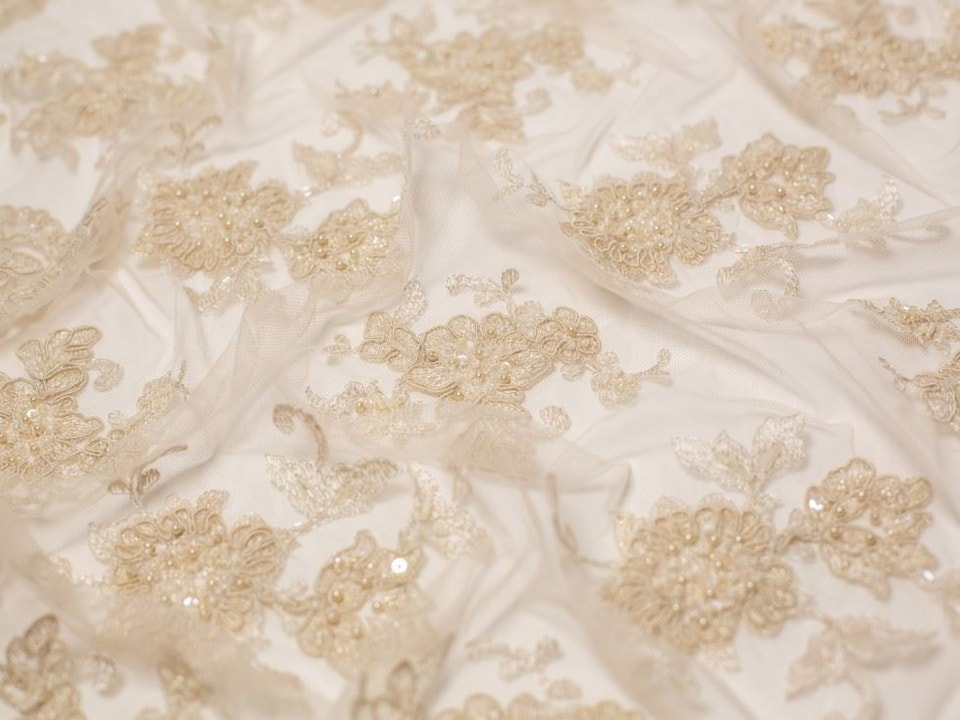 Minerva Core Range Cream Zara Beaded Lace Fabric for Bridal, Dressmaking, 130cm / 51" Wide - per metre
