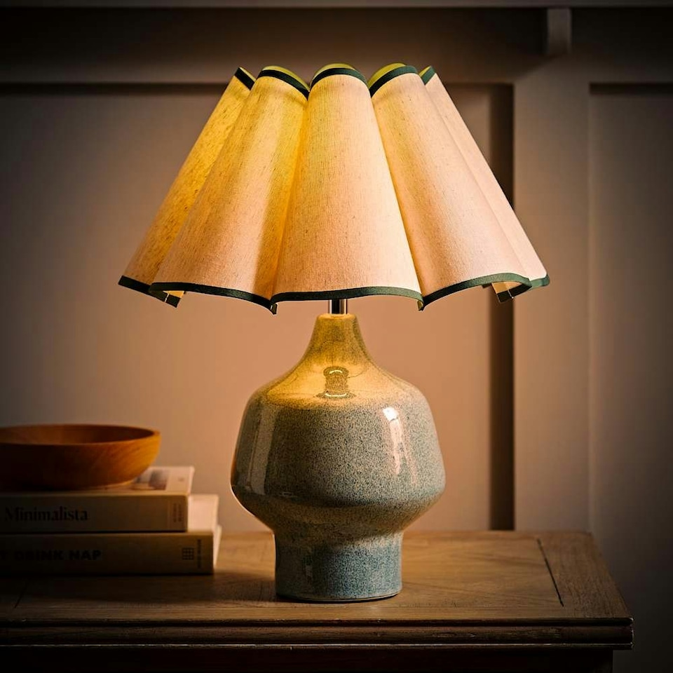 image 1 of ValueLights Jamie Green Ceramic Table Lamp with Green Scallop Tapered Shade | Green
