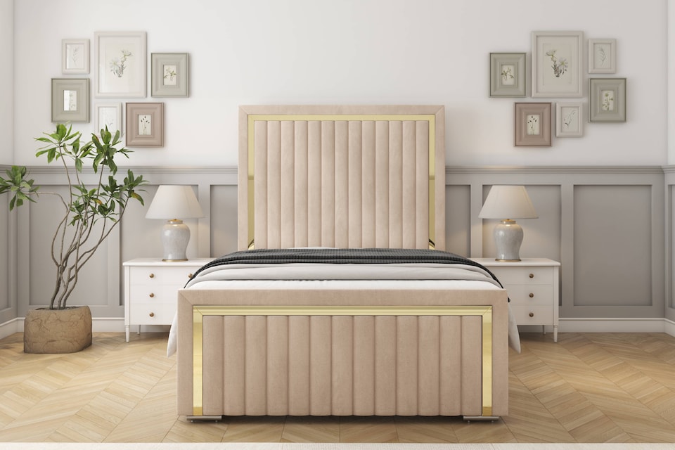 image 1 of Sloomy Boston Gold Sand Naples Bed Frame With Mattress With 50" Upholstered Headboard 6' Super King