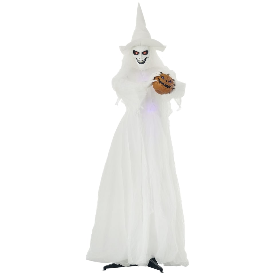 image 1 of Outsunny 74 Inch Halloween Decorations White Witch Holding Pumpkin Head, Standing Skeleton Ghost Prop Life Size with Light Up Eyes and Body