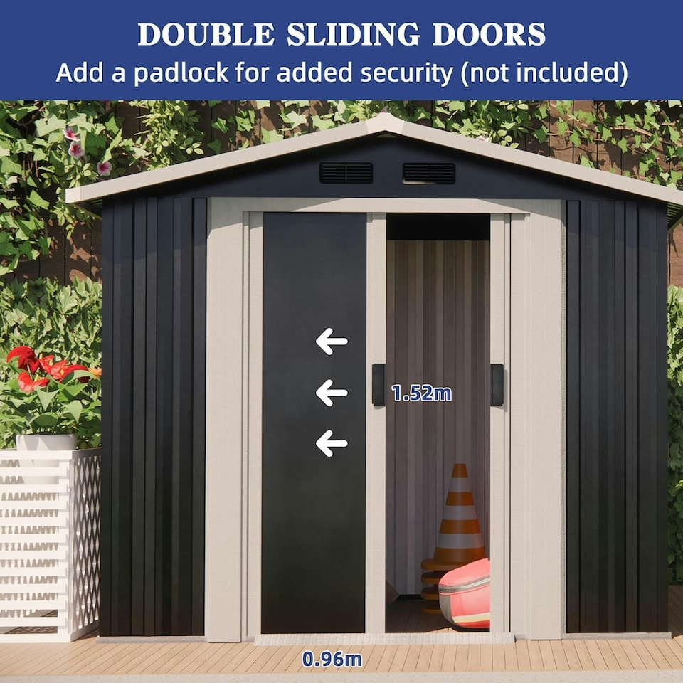 image 1 of Alivio Metal Garden Storage Shed With Weather Protection and Double Sliding Lockable Doors (Black) Black