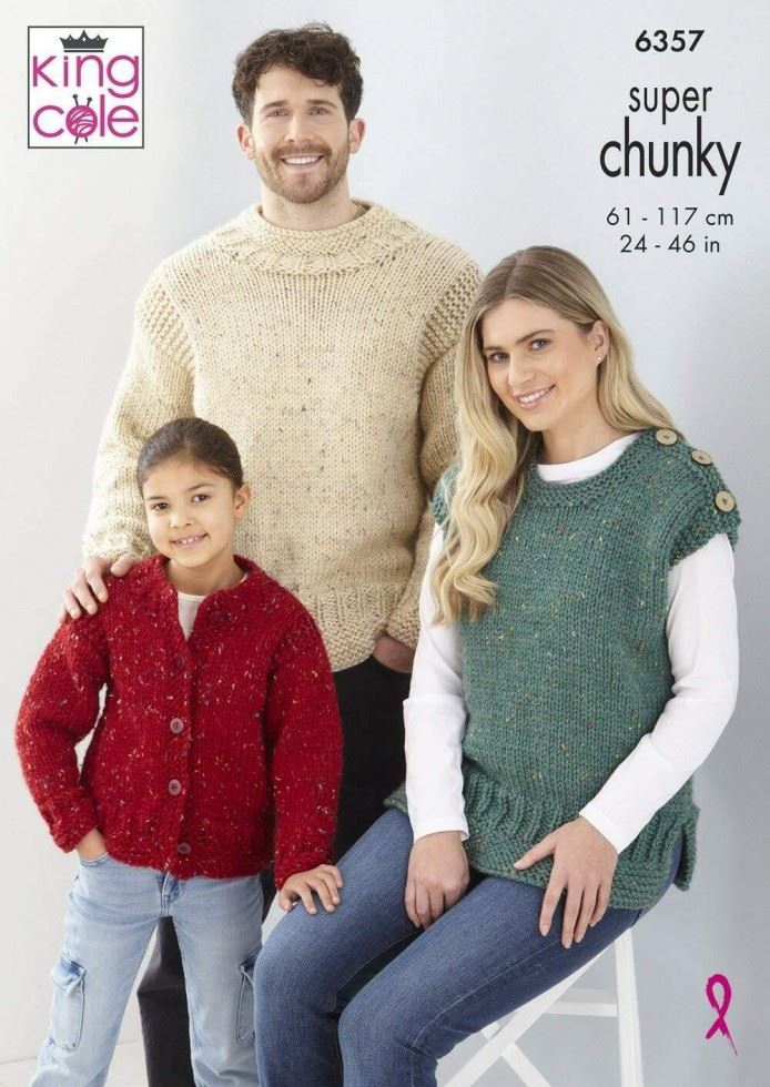 King Cole Big Value Super Chunky Tweed Knitting Pattern 6357, Sweaters and Cardigans for Kids, Teenagers, Men and Women - 24 - 46 Inches