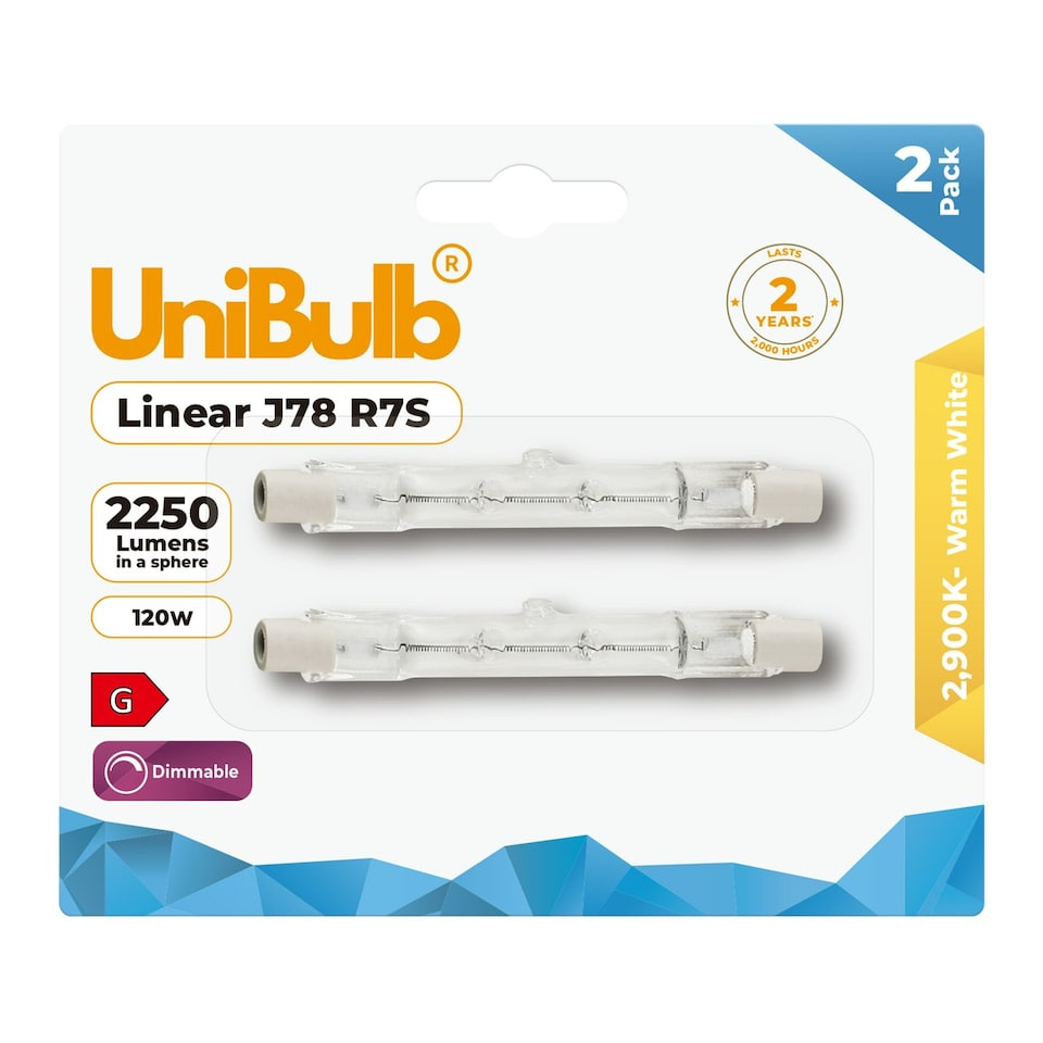 image 1 of UniBulb Halogen 78mm R7S Linear 2250lm 120W 2900K (Warm White) Dimmable - Pack of 2