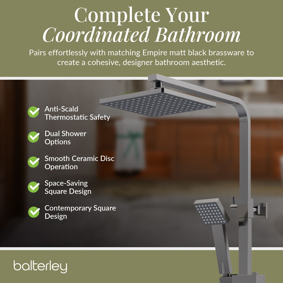 image 1 of Balterley Empire Square Thermostatic Shower Kit with Fixed Head and Adjustable Handset | Silver | Brushed Pewter | 1