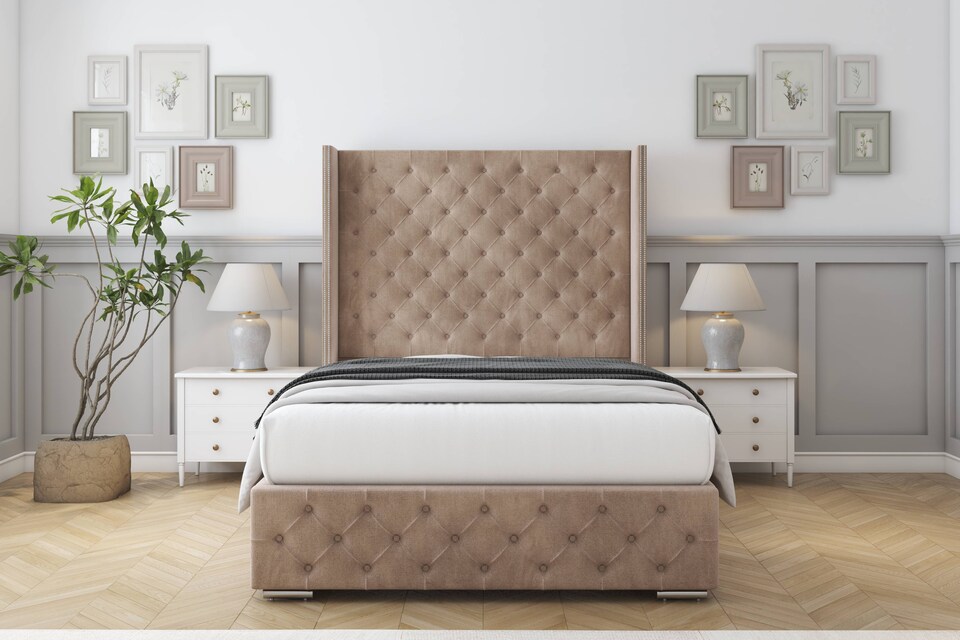 image 1 of Sloomy Arundel Mink Naples Bed Frame With 50"  Upholstered Wingback Headboard 6' Super King