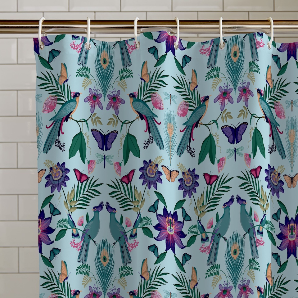 image 1 of Catherine Lansfield Mya Tropical Bird Shower Curtain | Blue | Duck Egg Blue | One Size