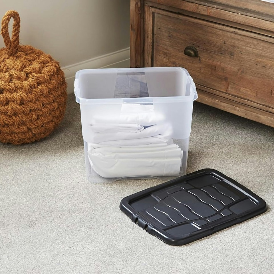 image 1 of Pack Of 5 Strong 24 Litre Clear Transparent Base Stackable Curve Underbed Plastic Storage Boxes With Black Lids Clear