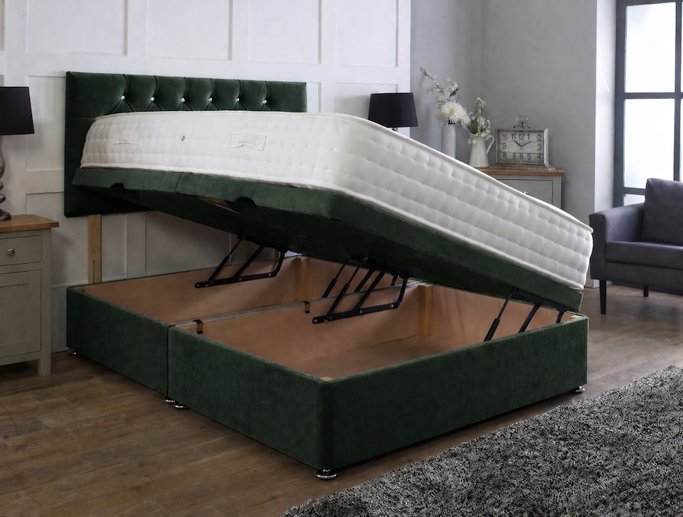 image 1 of Side Lift 4ft6 Double Green Plush Ottoman Bed With Headboard and Mattress