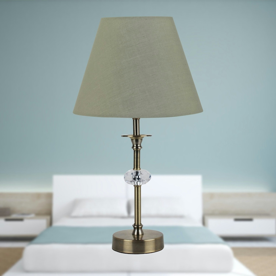 image 1 of Antique Brass Table Lamp with Facet Detail and Sage Green Shade Bronze | Green
