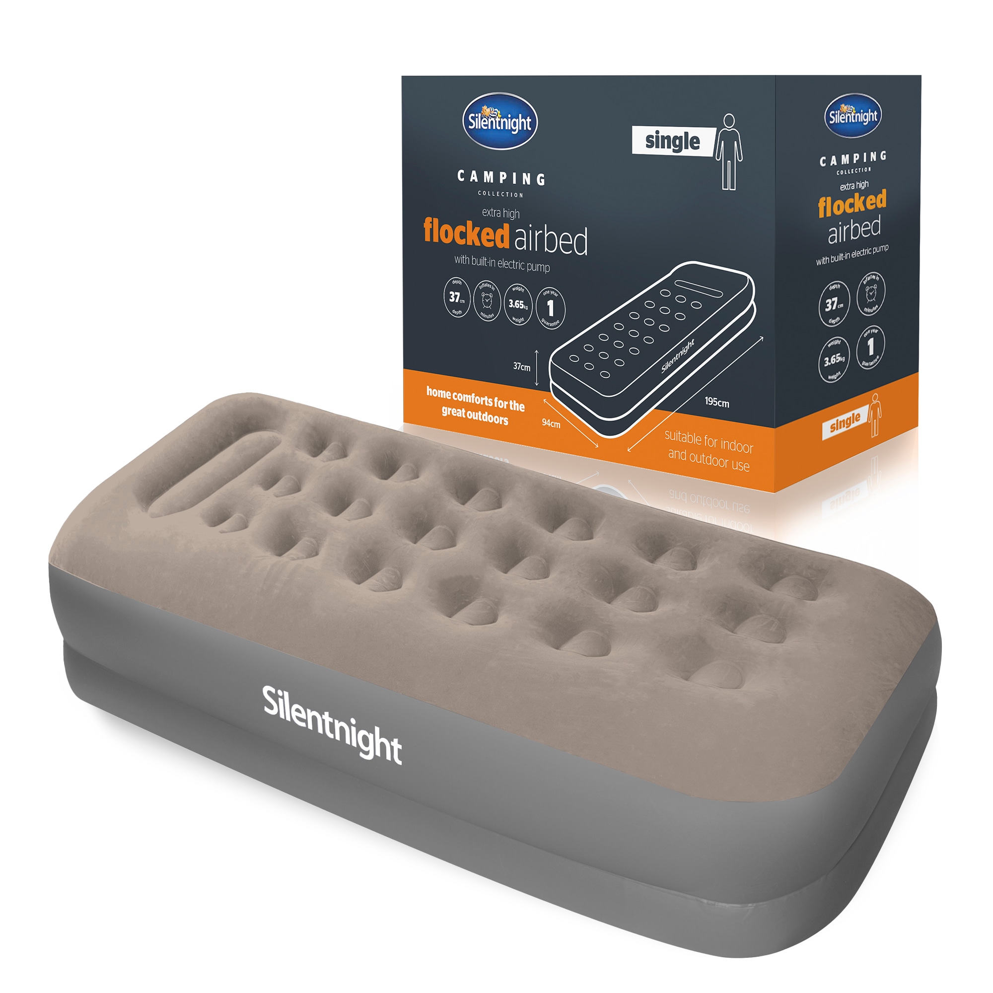 Silentnight Camping Collection Flocked Airbed with Built-in Electric Pump | Grey | Single