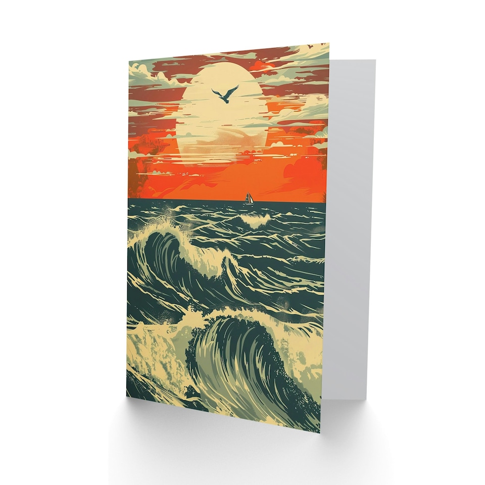 image 1 of Ocean Waves At Sunset Seascape Bird Him Her Birthday Card