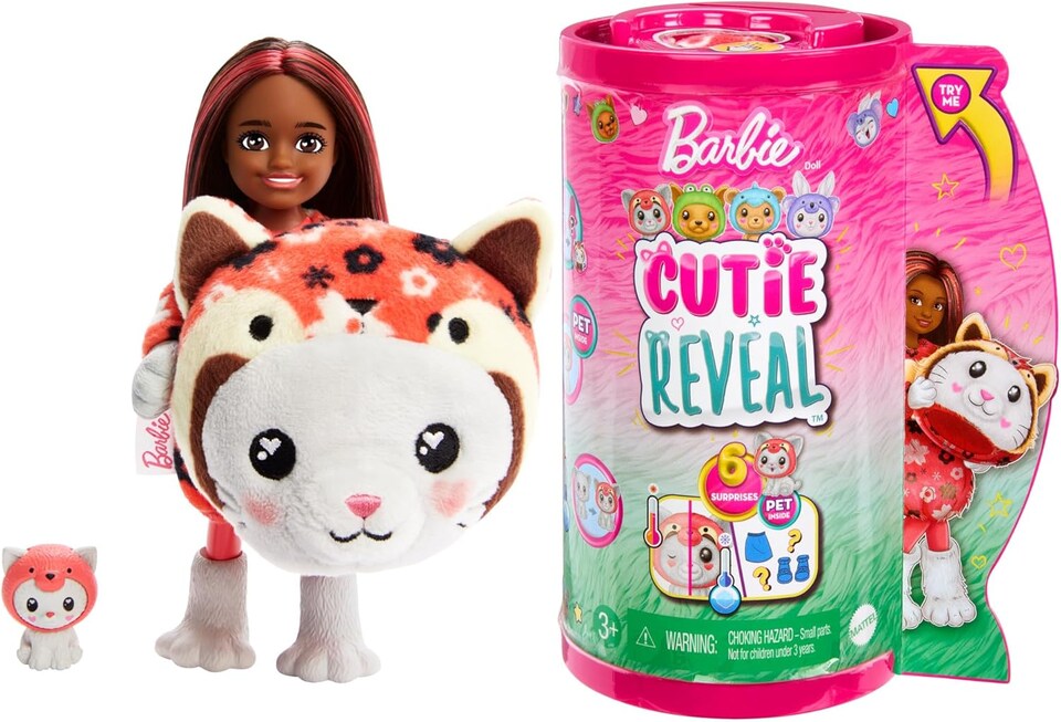 image 1 of Barbie Cutie Reveal Chelsea Doll & Accessories, Animal Plush Costume & 6 Surprises Including Color Change, Kitten as Red Panda, HRK28