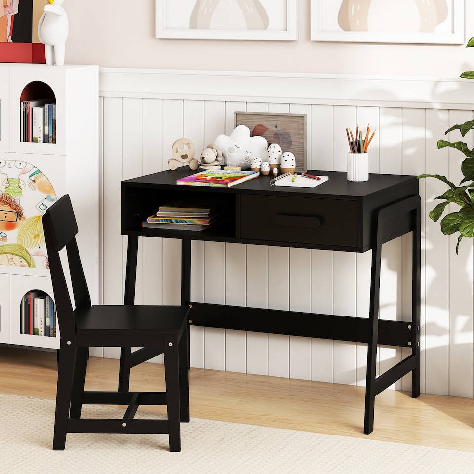 image 1 of COSTWAY Kids Desk and Chair Set with Drawer Black