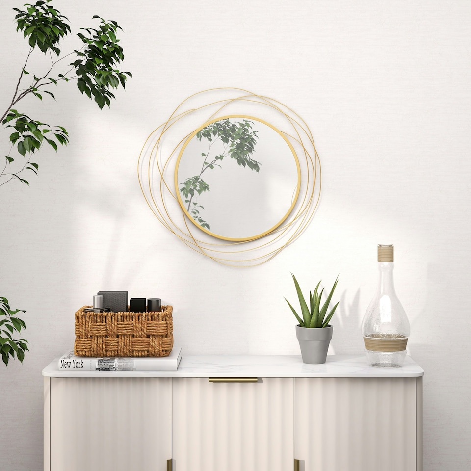 image 1 of HOMCOM Metal Wall Art 65cm Round Mirror for Living Room Dining Room Gold Tone