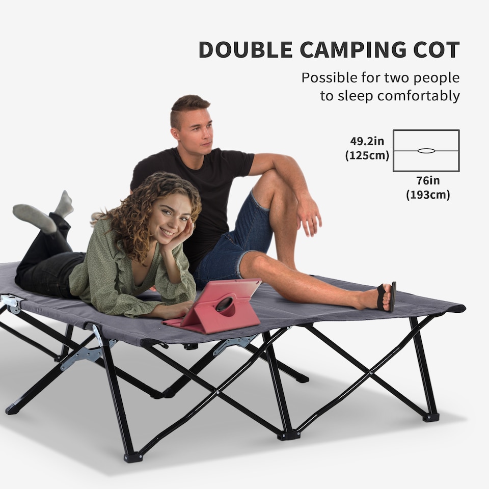 image 1 of Outsunny Double Camping Folding Cot Outdoor Portable Sleeping Bed, Grey | Grey | Grey
