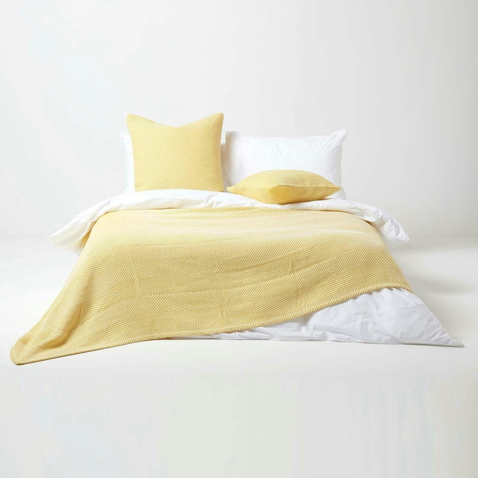 image 1 of Homescapes Cotton Halden Chevron Yellow Throw - 225 x 255 cm | Multi