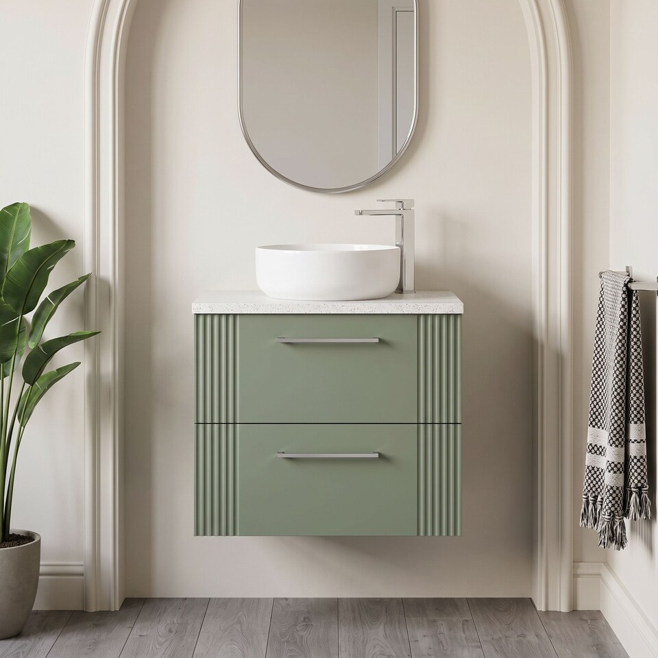 image 1 of Balterley Partial Fluted 2 Drawer Wall Hung Vanity Unit with Sparkling Laminate Worktop | Green | Satin Green