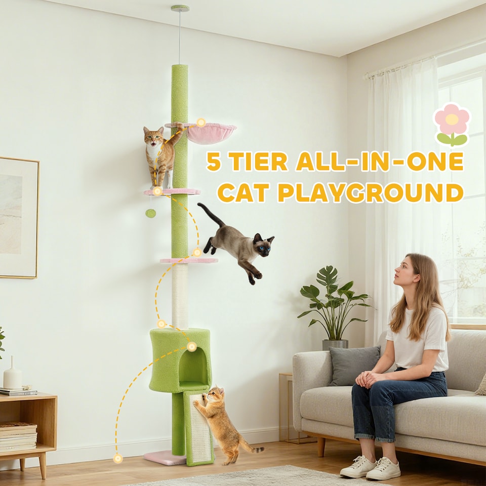 image 1 of PawHut Floor to Ceiling Cat Tree, 5-Tier Flower Cat Tower Adjustable Height 220-240 cm with Hammock, Condo, Scratching Posts, Ramp, Perches, Kitty Activity Centre for Indoor Kittens, Green