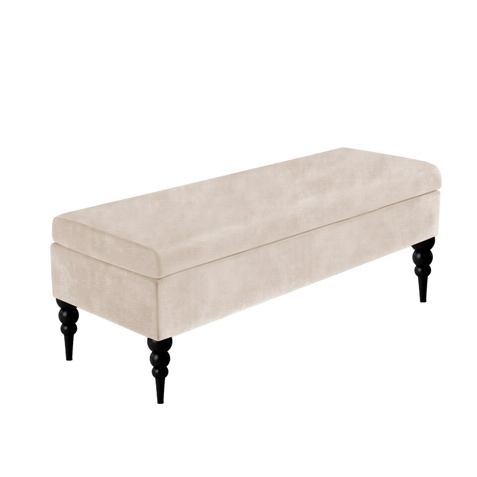 image 1 of 150cm Safar Plain Ottoman Storage Bench -Upholstered Shoes Bench with Black Turned Wooden Legs - Cream Naple Ottoman Bench