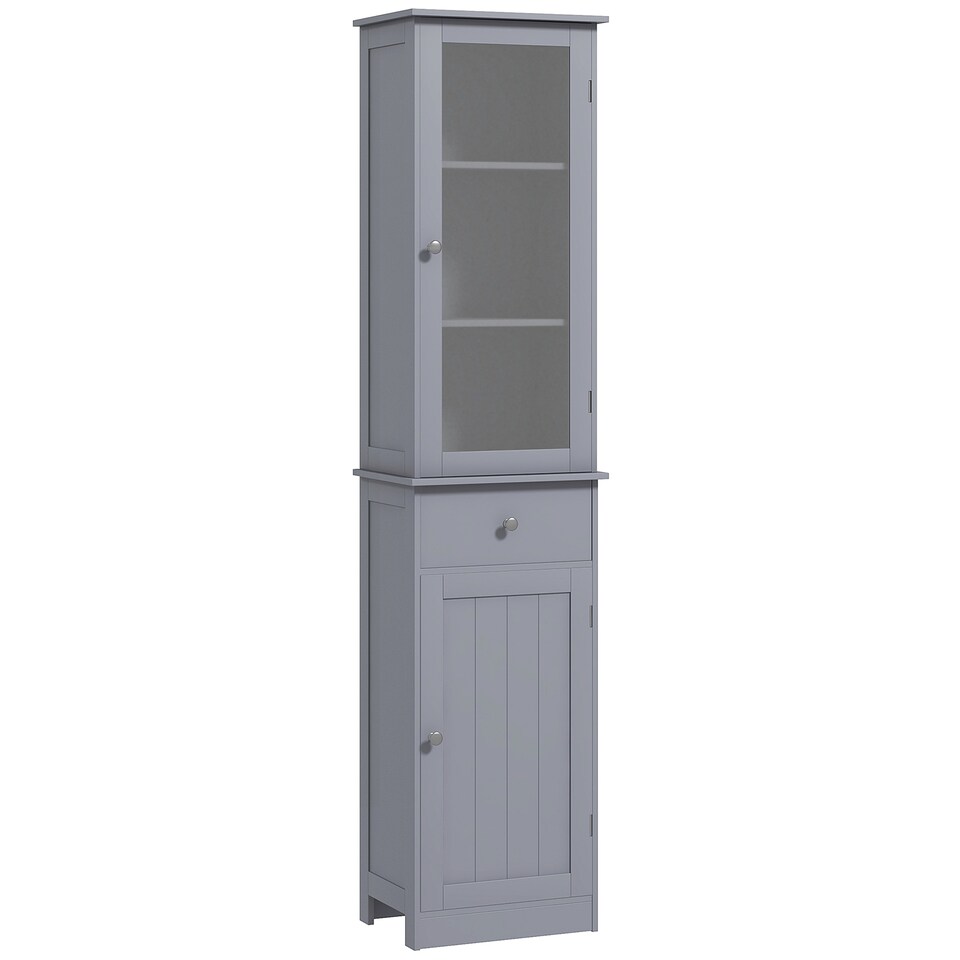 image 1 of kleankin Bathroom Storage Cabinet with 3-tier Shelf Drawer Door, Floor Cabinet Free Standing Tall Slim Side Organizer Shelves, Grey