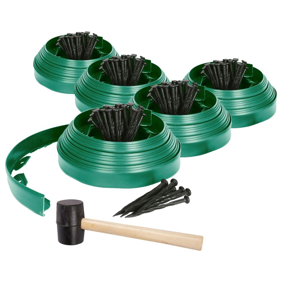 image 1 of Harbour Housewares Flexible Plastic Lawn Edging with 200 Pegs & Mallet - 50m x 4cm - Green | Green | 5