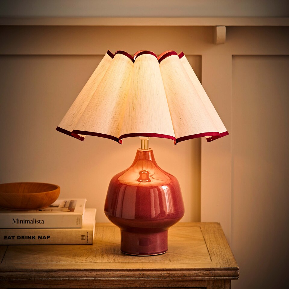 image 1 of ValueLights Jamie Burgundy Ceramic Table Lamp Scallop Trim Shade and Bulb