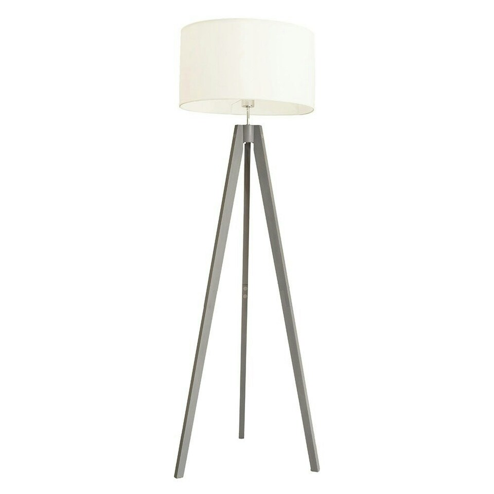 image 1 of ValueLights Jackson Grey Wood Tripod Floor Lamp with White Fabric Lamp Shade and LED Bulb
