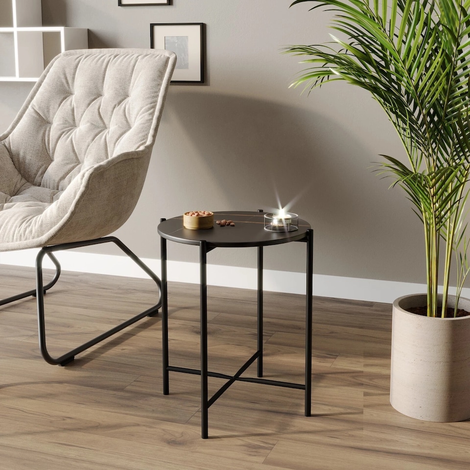 image 1 of Set of 2 Pcs Marble Effect Tops Square Round Side End Coffee Table Metal Frame | Black | Black Round | 1