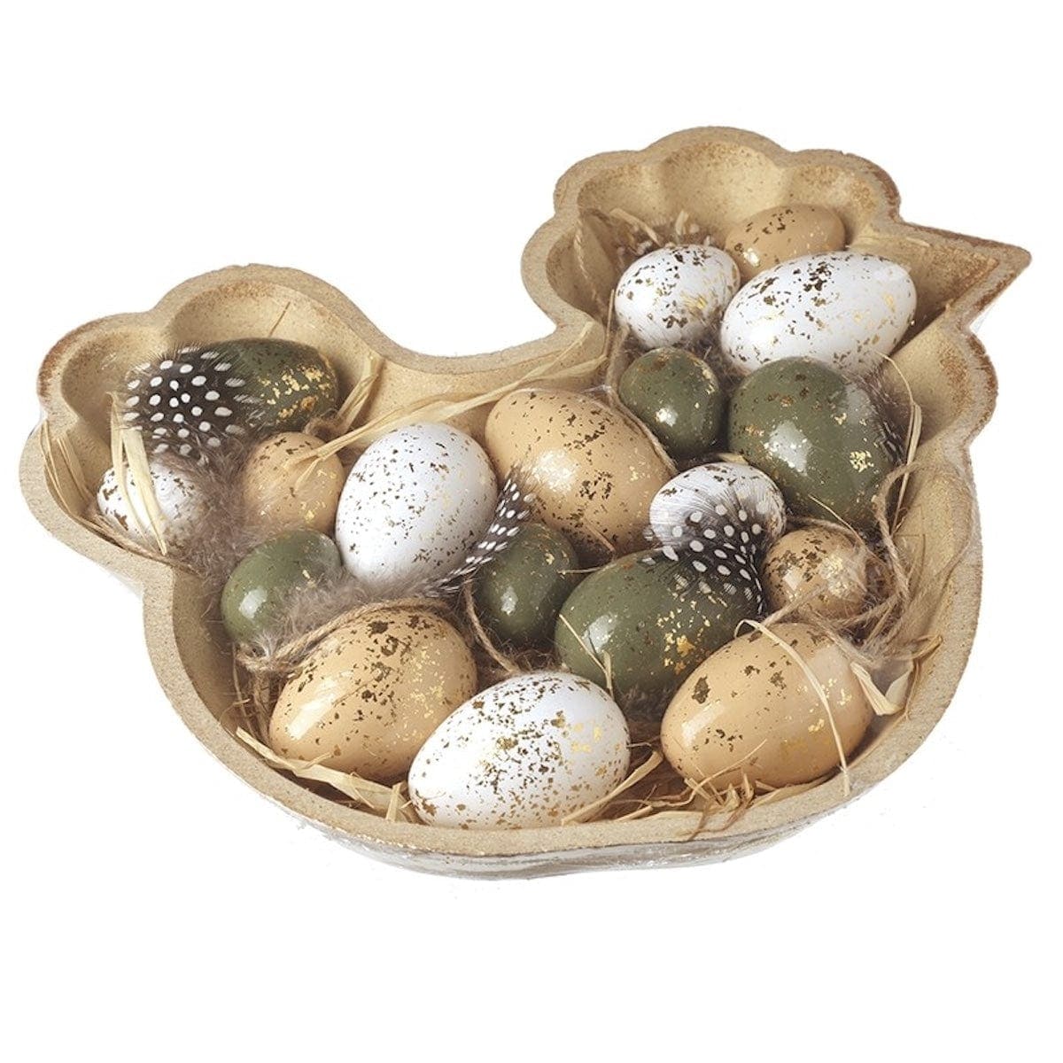 Heaven Sends Wooden Hen-Shaped Tray with Speckled Easter Egg Decorations