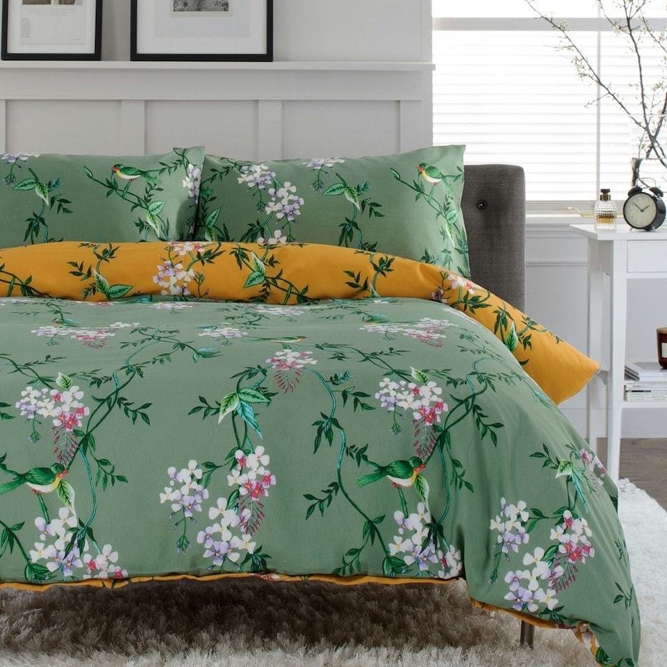 image 1 of Bird Garden Sage & Gold 200 Thread Count Duvet Cover Set - Decorative Animal and Floral Bedding Design Green | Sage & Gold | Double